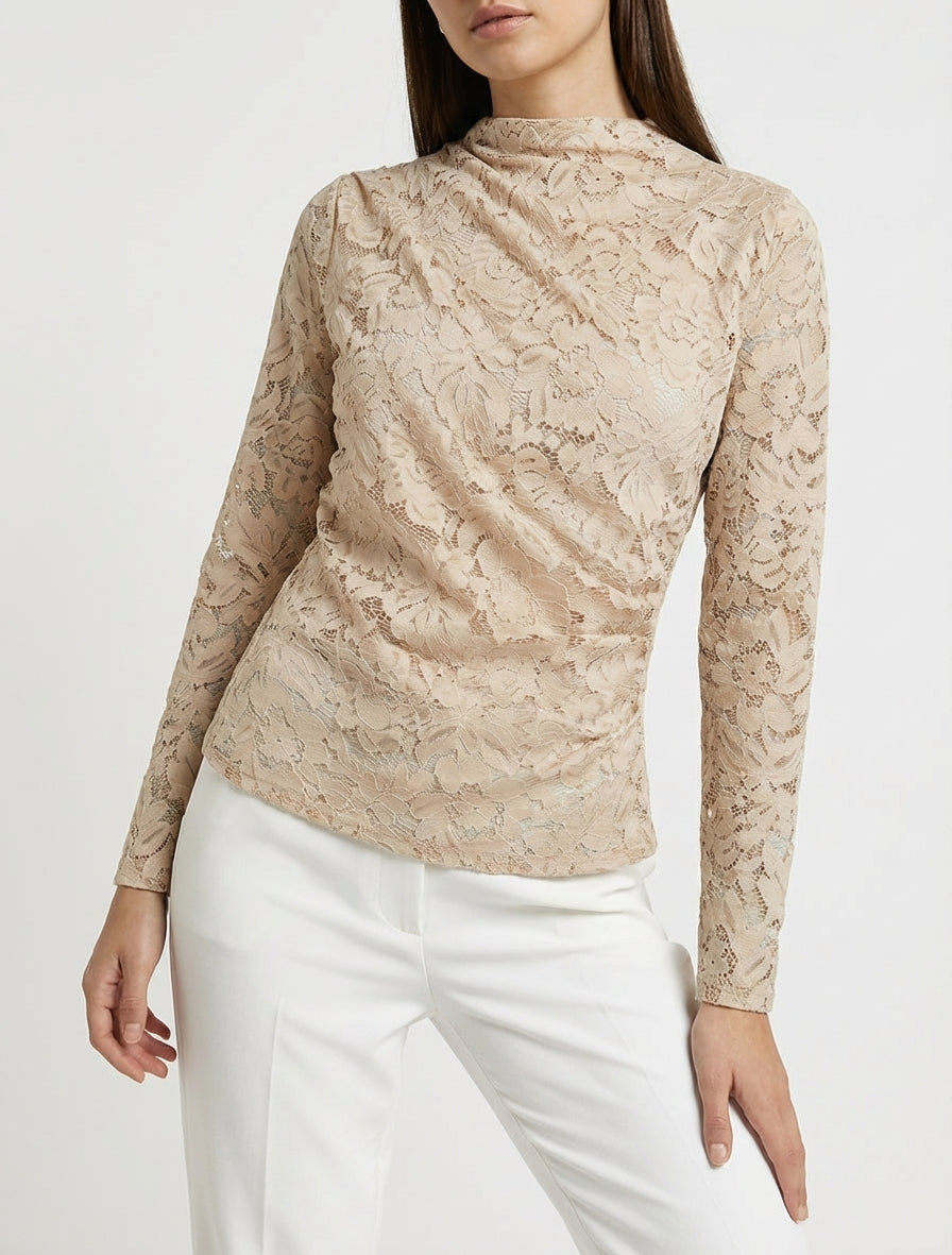 Draperende kanten top met lange mouwen - Beige