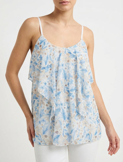 Blouse met ruches en bladprint. - Lichtblauw