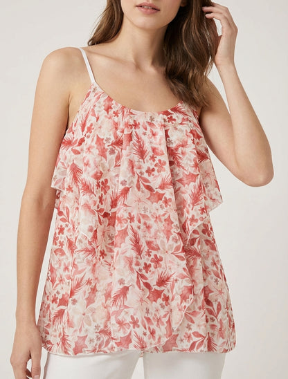 Blouse met ruches en bladprint. - Rood