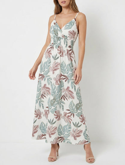 Lange jurk met smalle bandjes en tropische print - Kaki