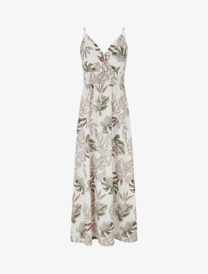 Robe longue à fines bretelles imprimé tropical - Beige - 1