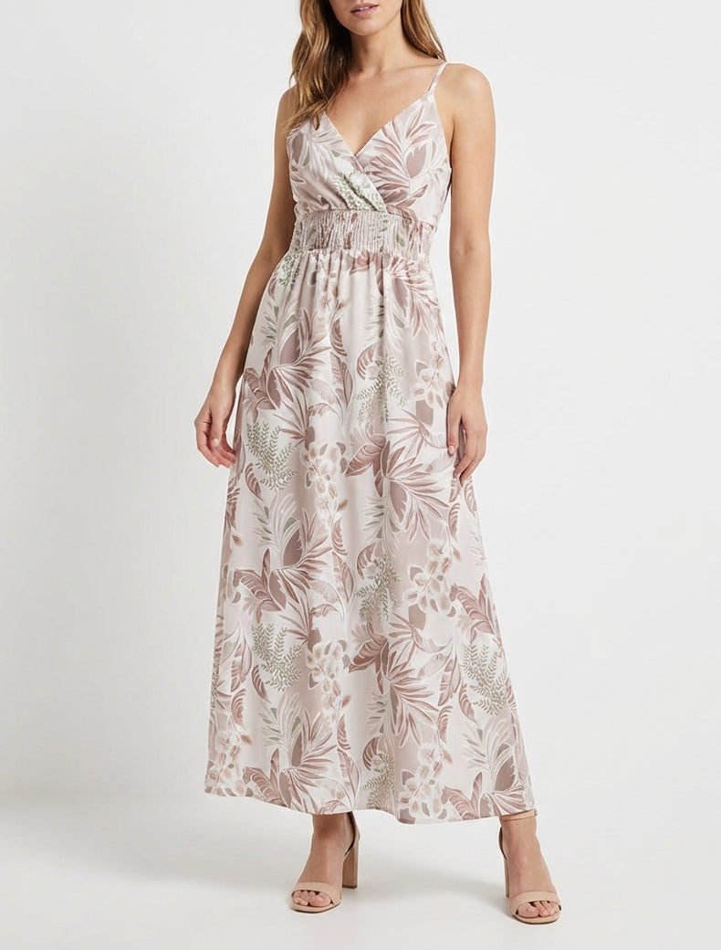 Lange jurk met fijne bandjes en bladprint - Beige