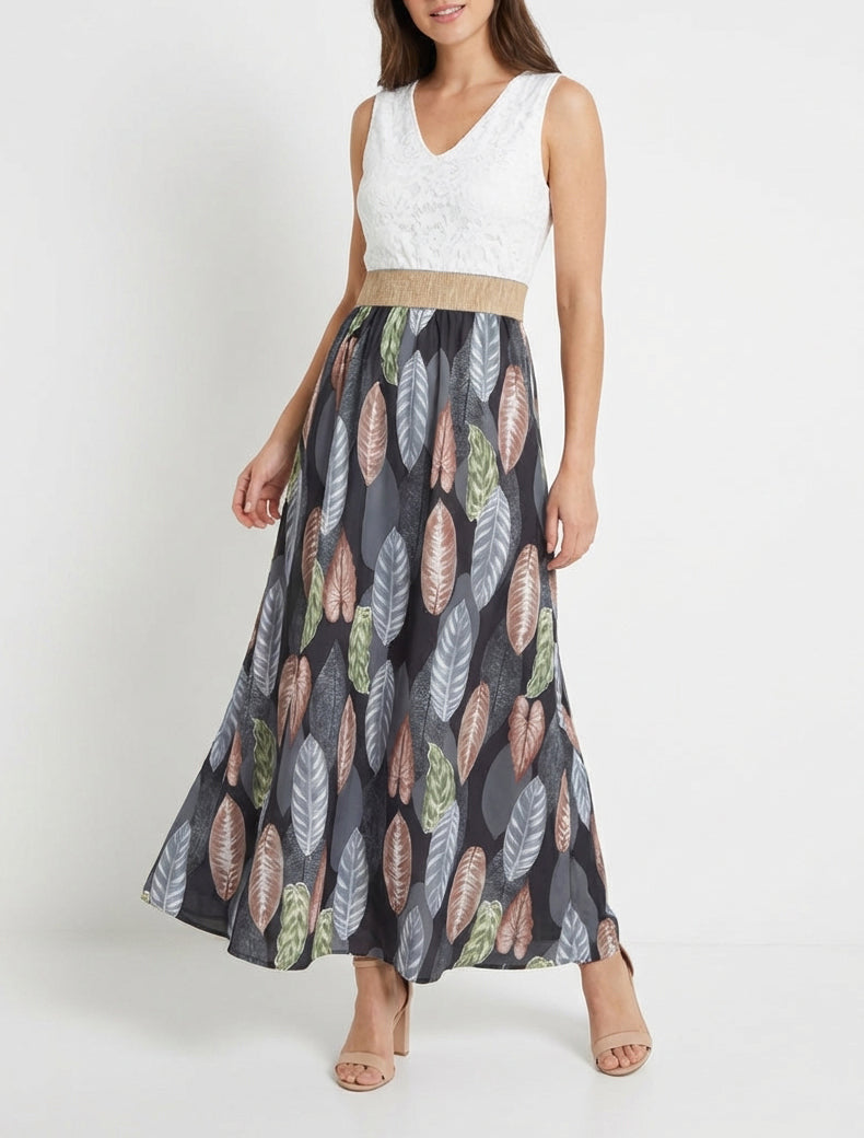 Lange jurk met kant en bladenprint - Zwart