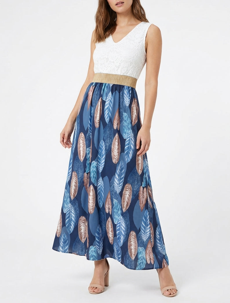 Lange jurk met kant en bladenprint - Marine