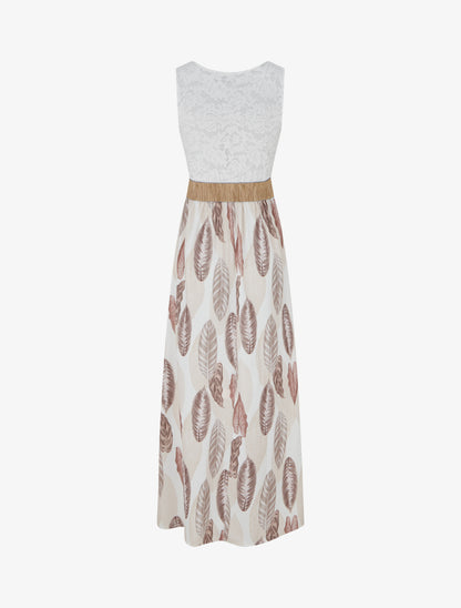 Robe longue à dentelle et imprimé feuilles - Beige - 2