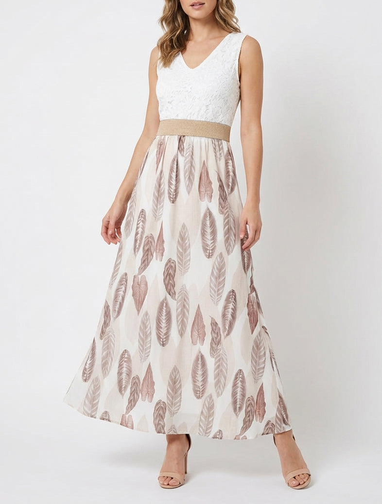Lange jurk met kant en bladenprint - Beige