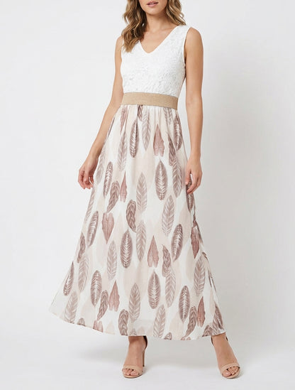 Lange jurk met kant en bladenprint - Beige