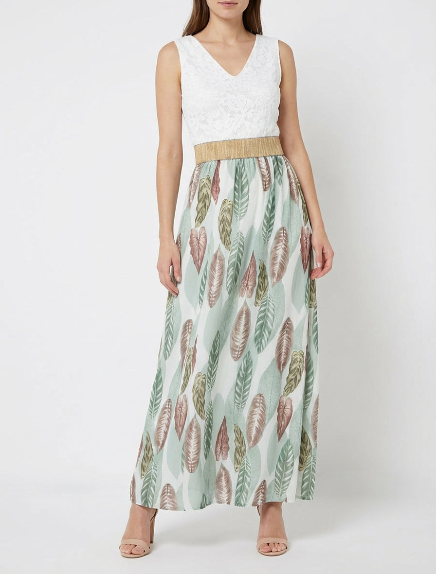 Lange jurk met kant en bladenprint - Amandelgroen