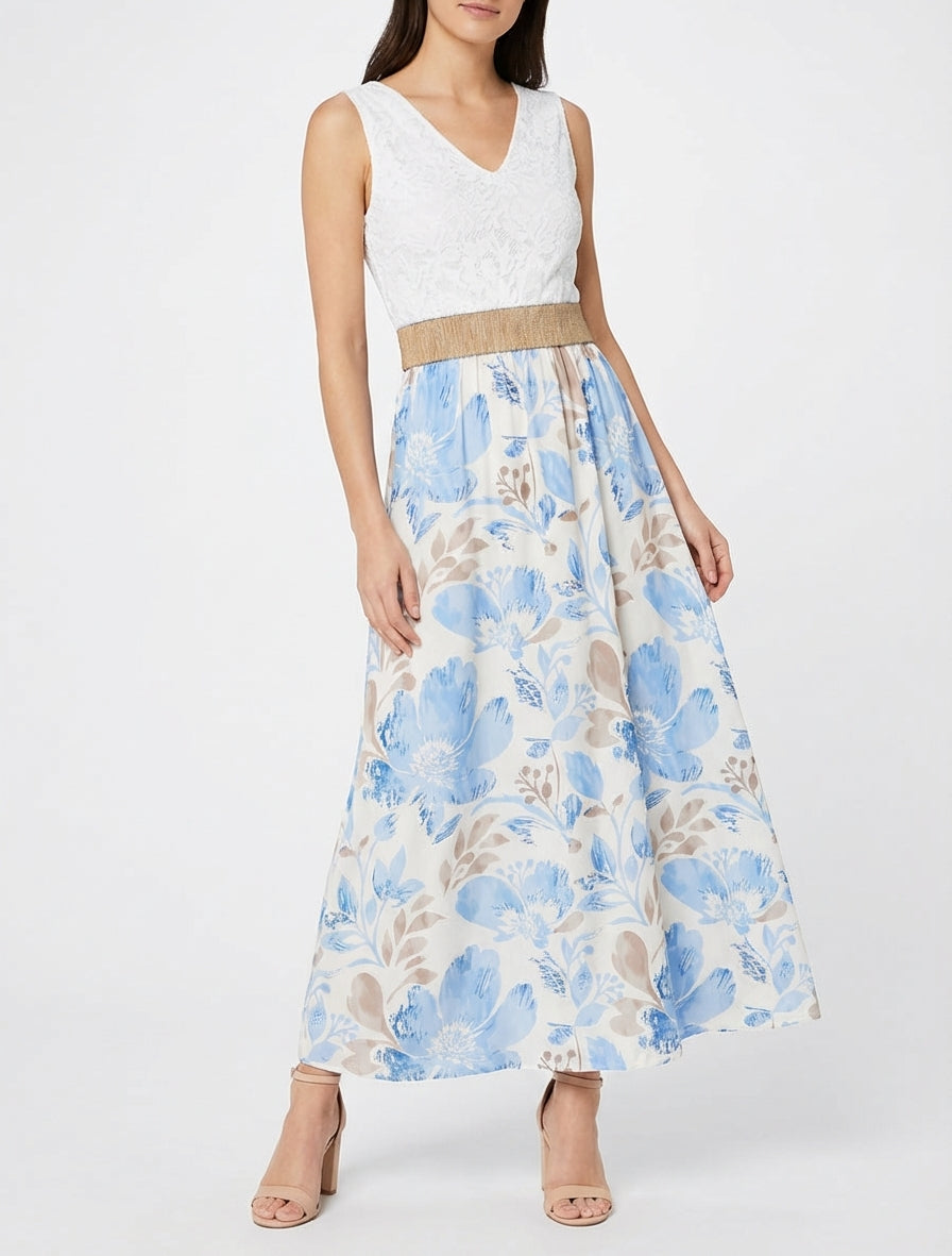 Lange jurk met kant en bloemenprint - Lichtblauw