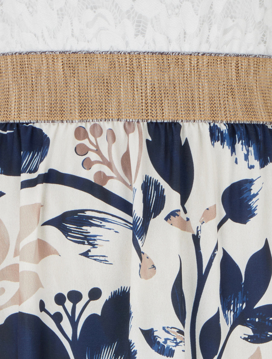 Robe longue à dentelle et imprimé floral - Marine - 3