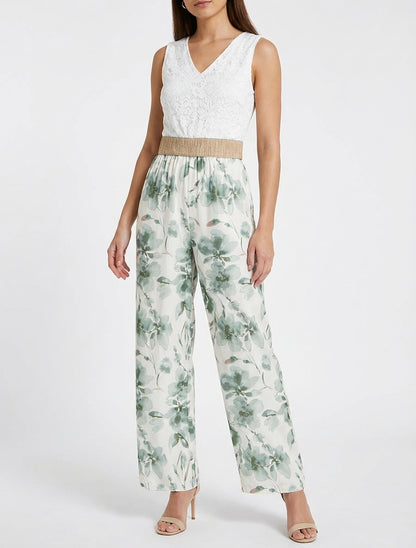 Kanten combinatie en bloemenprint - Kaki