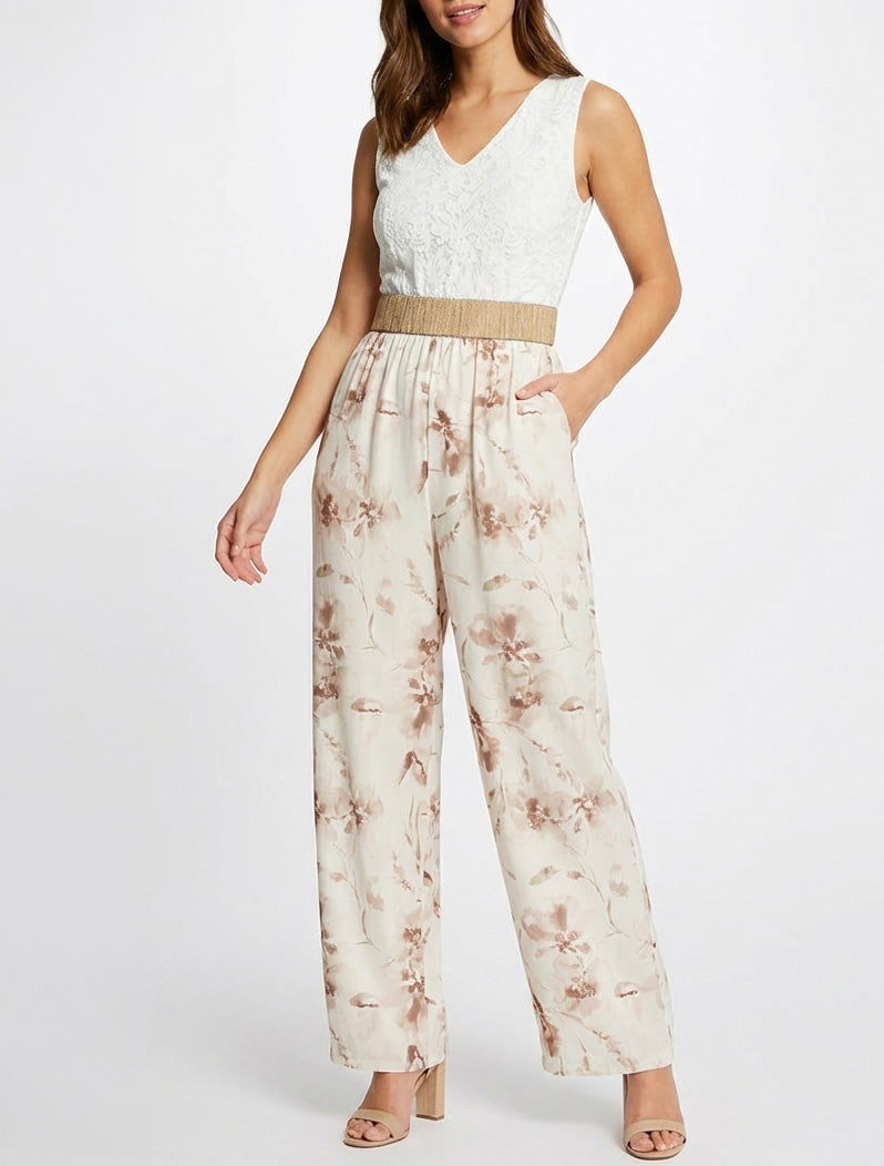 Kanten combinatie en bloemenprint - Beige