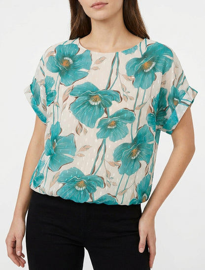 Kortebloemenprinttop met korte mouwen - Turkoois