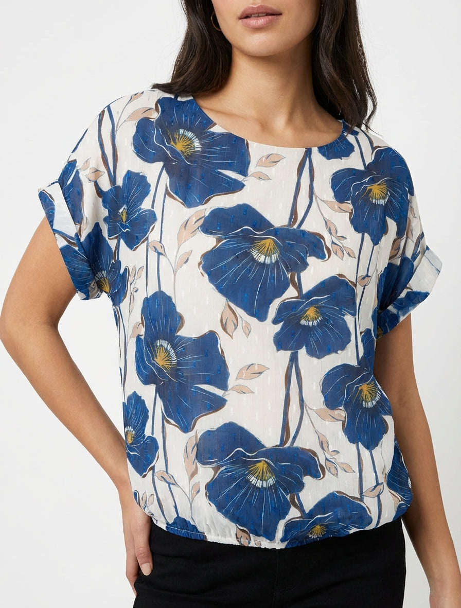 Kortebloemenprinttop met korte mouwen - Marine