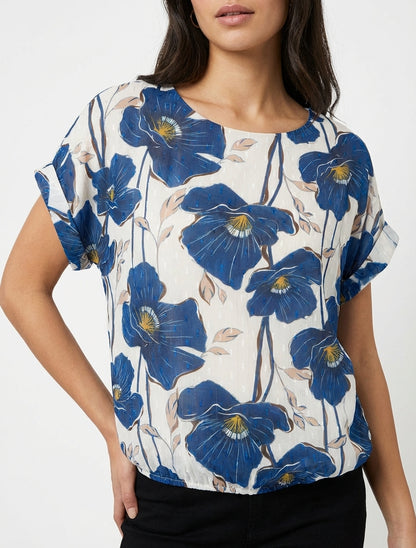 Kortebloemenprinttop met korte mouwen - Marine