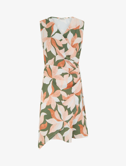 Robe style portefeuille sans manches imprimé feuillages - Kaki - 1