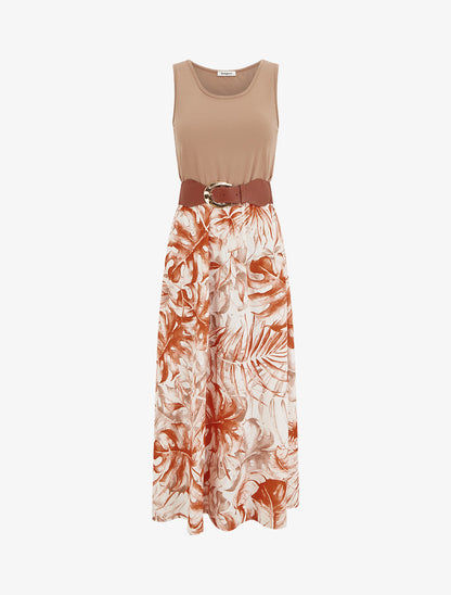 Robe longue à jupe imprimé feuillage - Camel - 1