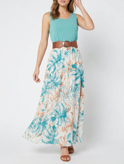 Lange jurk met bladprint rok - Turkoois
