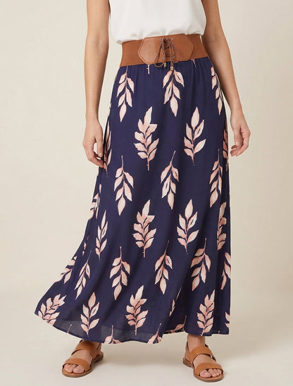 Lange rok met bladenprint - Marine