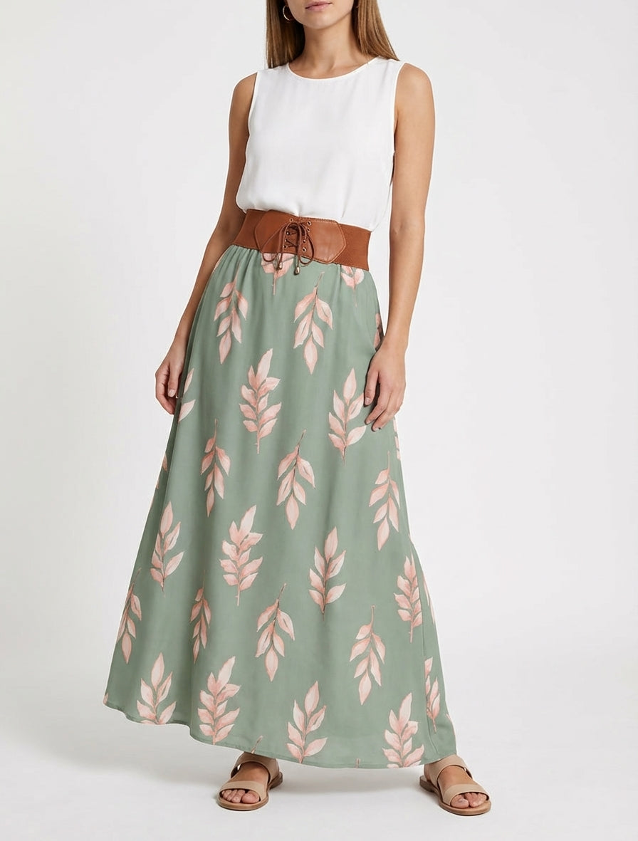 Lange rok met bladenprint - Kaki