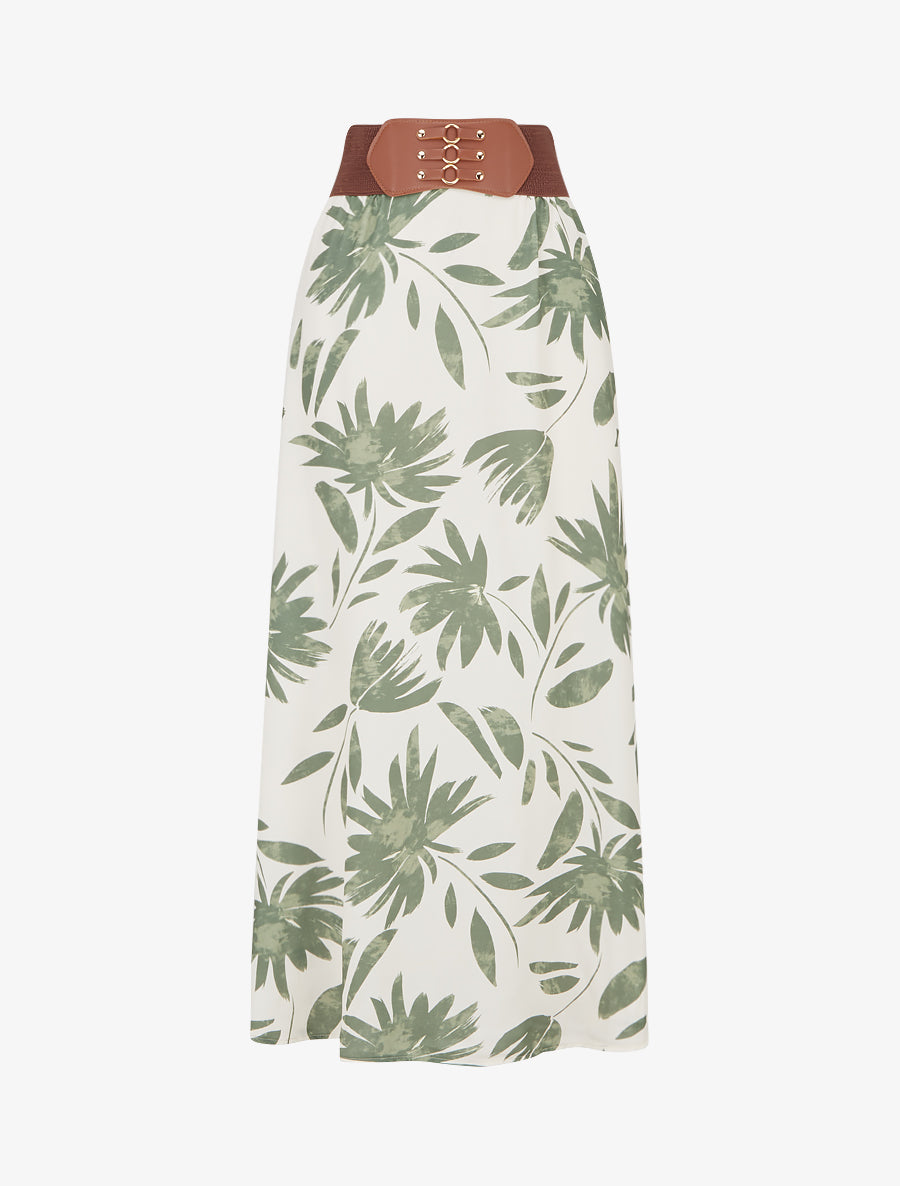 Jupe longue imprimé floral à taille fantaisie - Kaki - 1