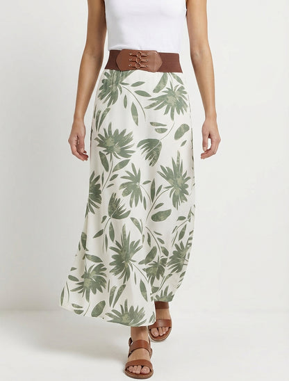Lange rok met bloemenprint en fantasietaille. - Kaki