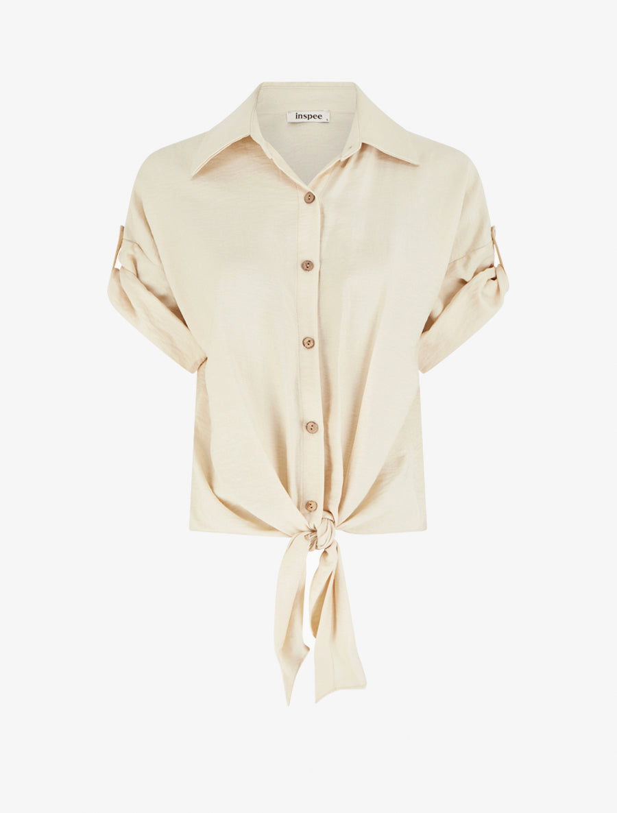 Chemise à nouer ample à manches courtes - Beige - 1