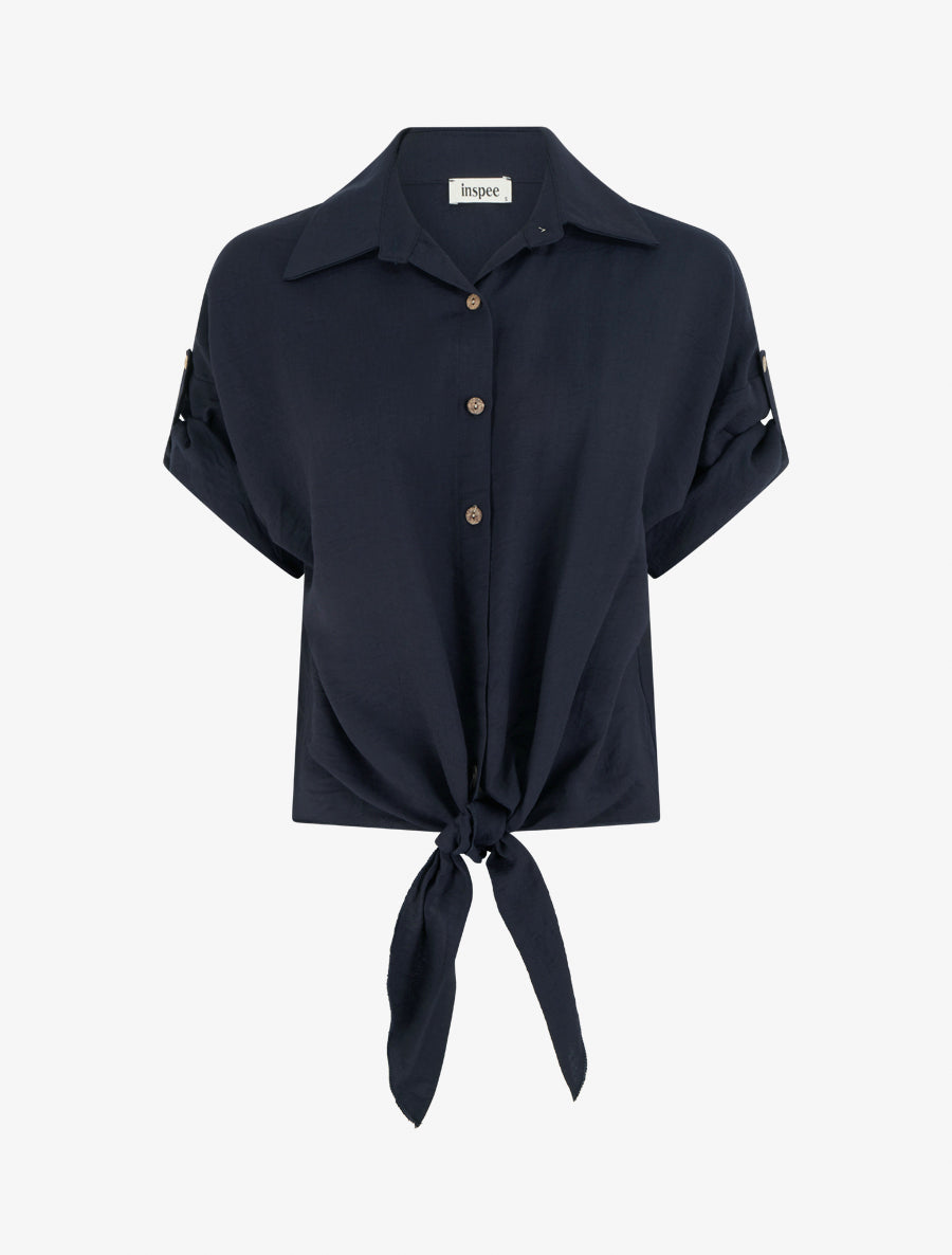 Chemise à nouer ample à manches courtes - Bleu nuit - 1