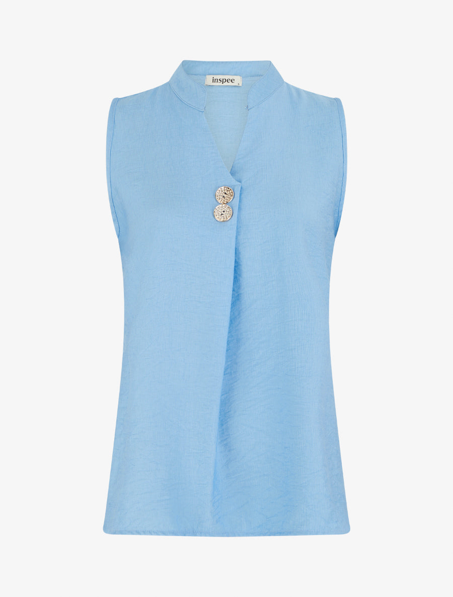 Top droit sans manches à boutons décoratifs - Bleu ciel - 1