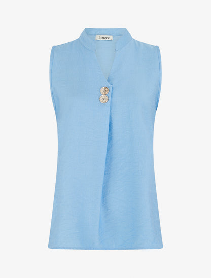 Top droit sans manches à boutons décoratifs - Bleu ciel - 1