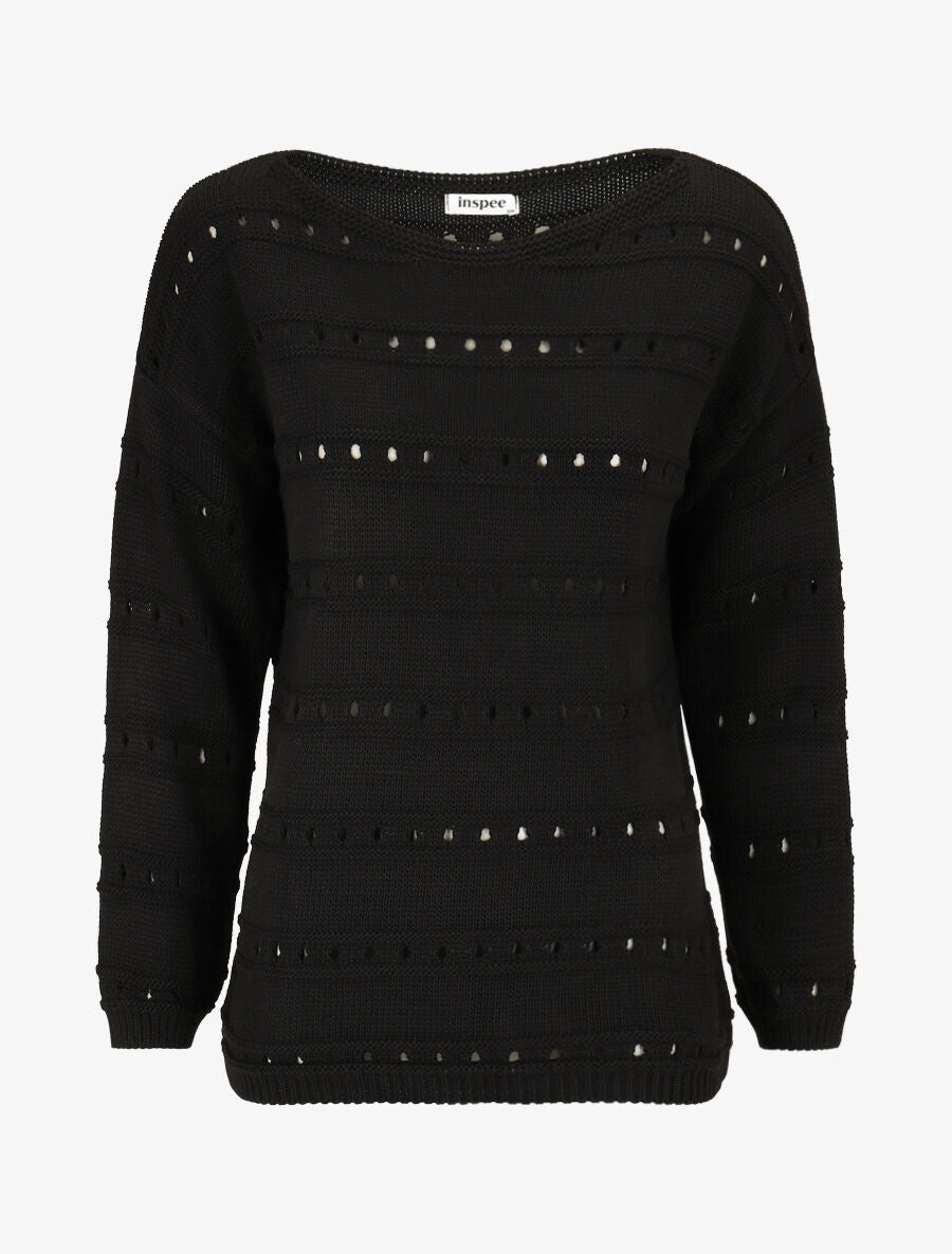 Pull en maille ajourée et en relief - Noir - 1