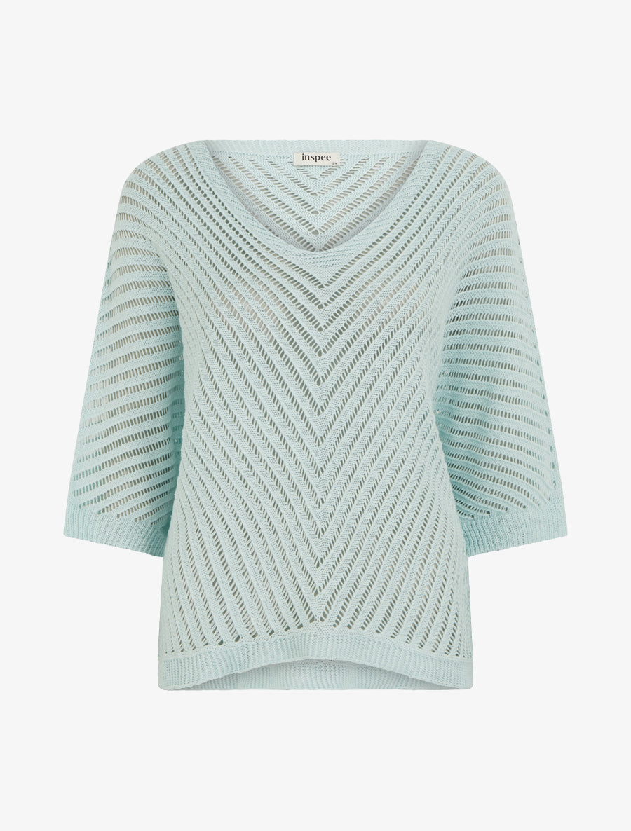 Pull ajouré à manches courtes chauve-souris - Bleu ciel - 1