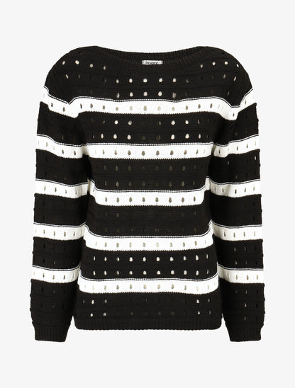 Pull en maille ajourée à rayures - Noir - 1