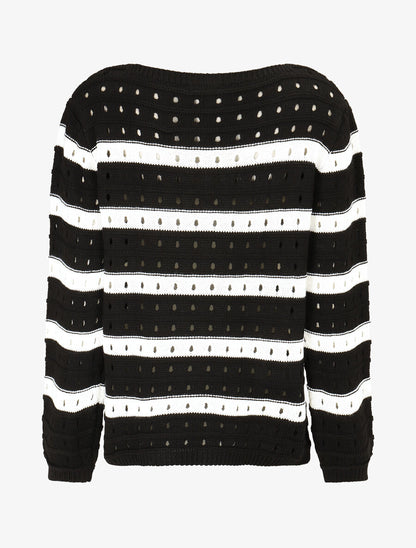Pull en maille ajourée à rayures - Noir - 2