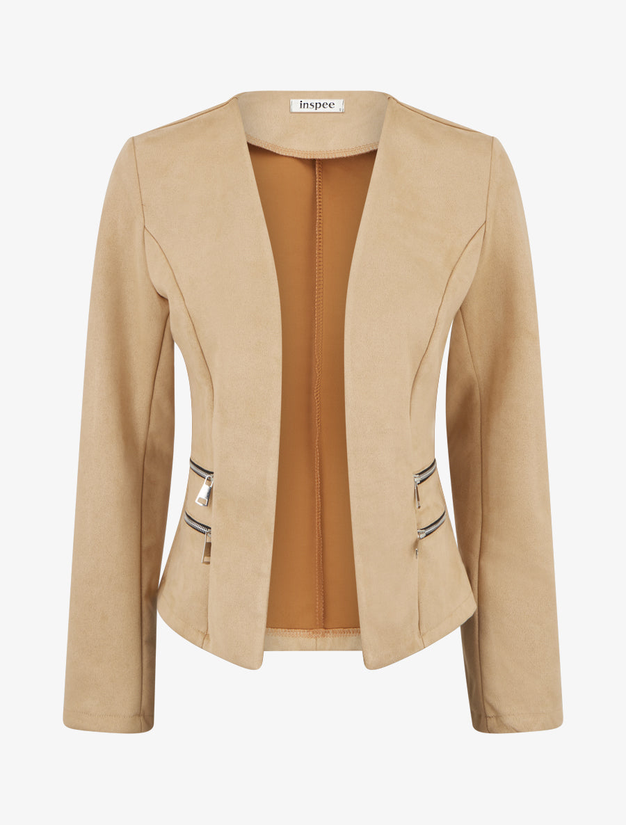 Veste en suédine à poches décoratives zippées - Beige foncé - 1