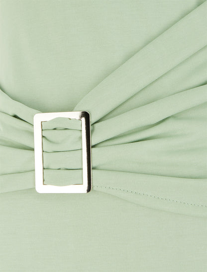 Top uni à col rond et empiècement bijou - Vert d&