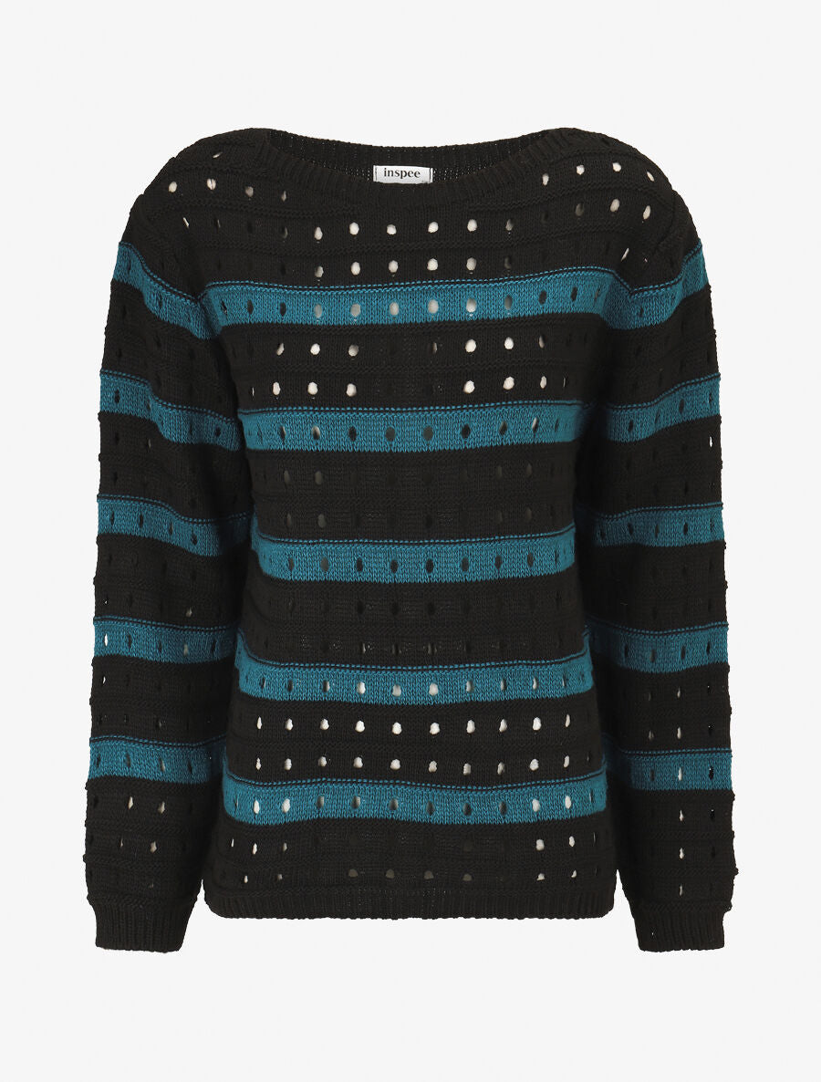 Pull en maille ajourée à rayures - Bleu pétrole - 1