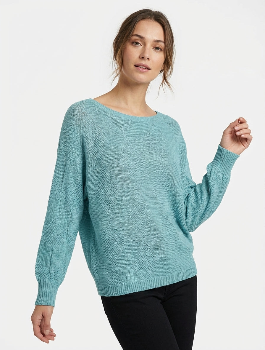 Ruime trui met ruitpatroon - Blauw lagune