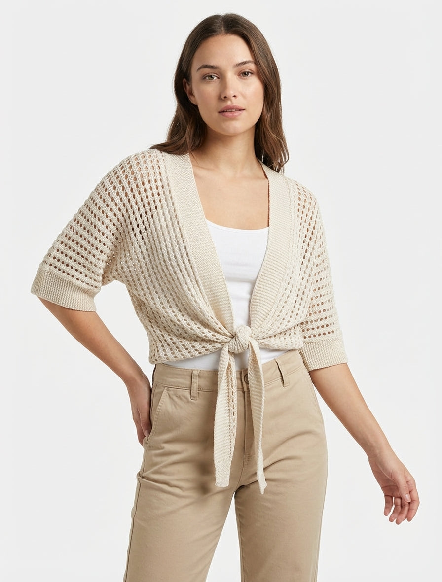 Opengewerkt vest om te knopen - Beige