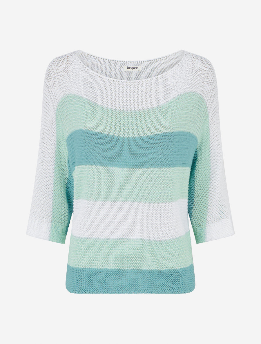 Pull ample à rayures et manches 3/4 - Bleu lagon - 1