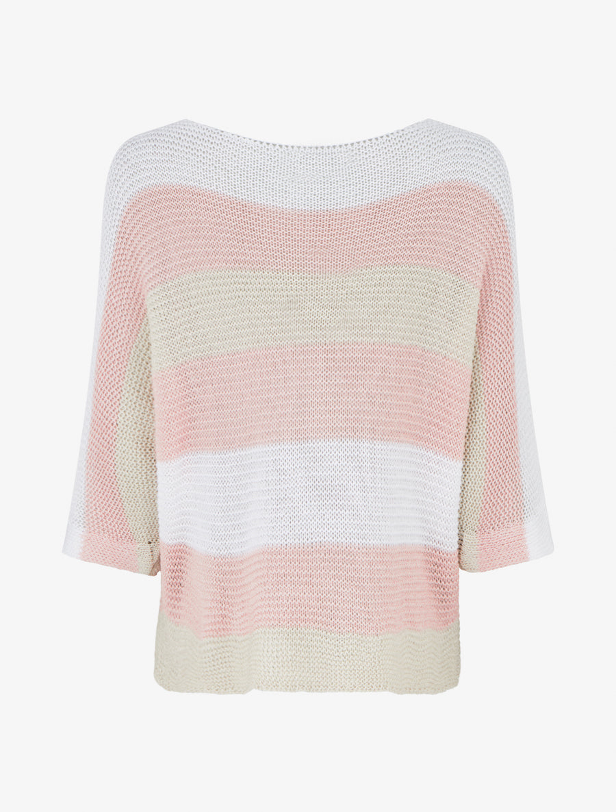 Pull ample à rayures et manches 3/4 - Rose - 2