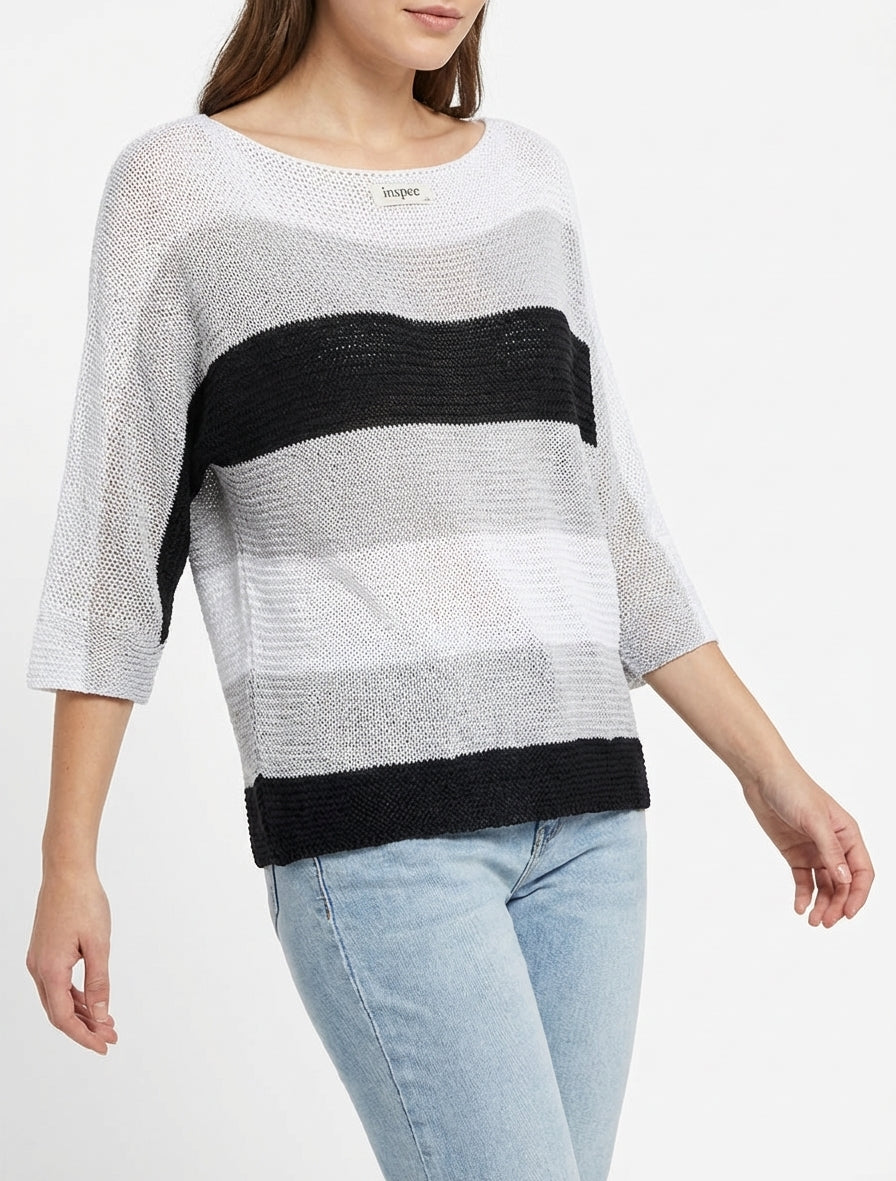 Ruime gestreepte trui met 3/4 mouwen - Zwart