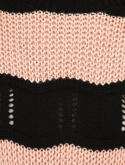 Pull en maille ajourée à rayures stylisées - Rose - 3