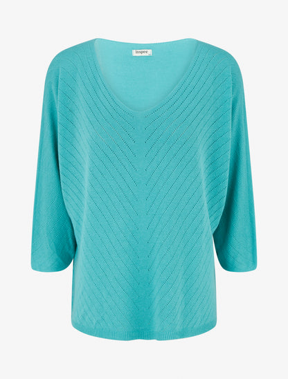 Pull fin uni à lignes ajourées - Turquoise - 1