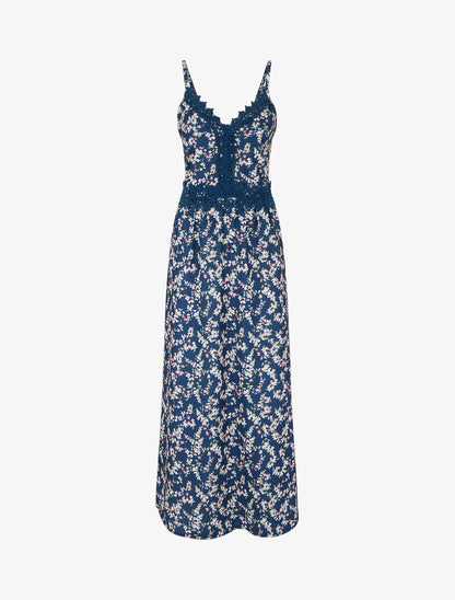 Robe longue fleurie à dos élastiqué - Marine - 1