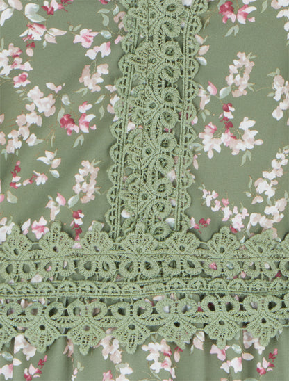 Robe longue fleurie à dos élastiqué - Kaki - 3