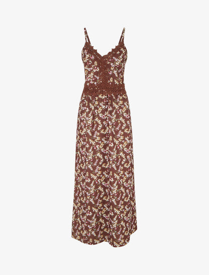 Robe longue fleurie à dos élastiqué - Marron - 1