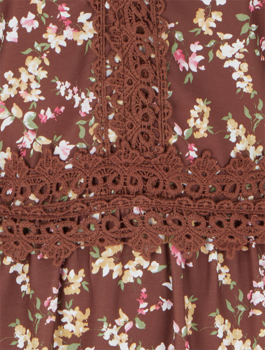 Robe longue fleurie à dos élastiqué - Marron - 3