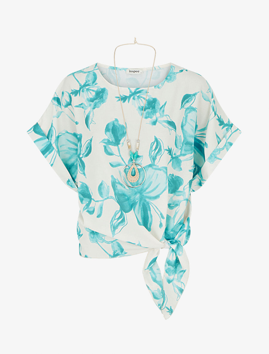 Top imprimé floral à nouer - Turquoise - 1
