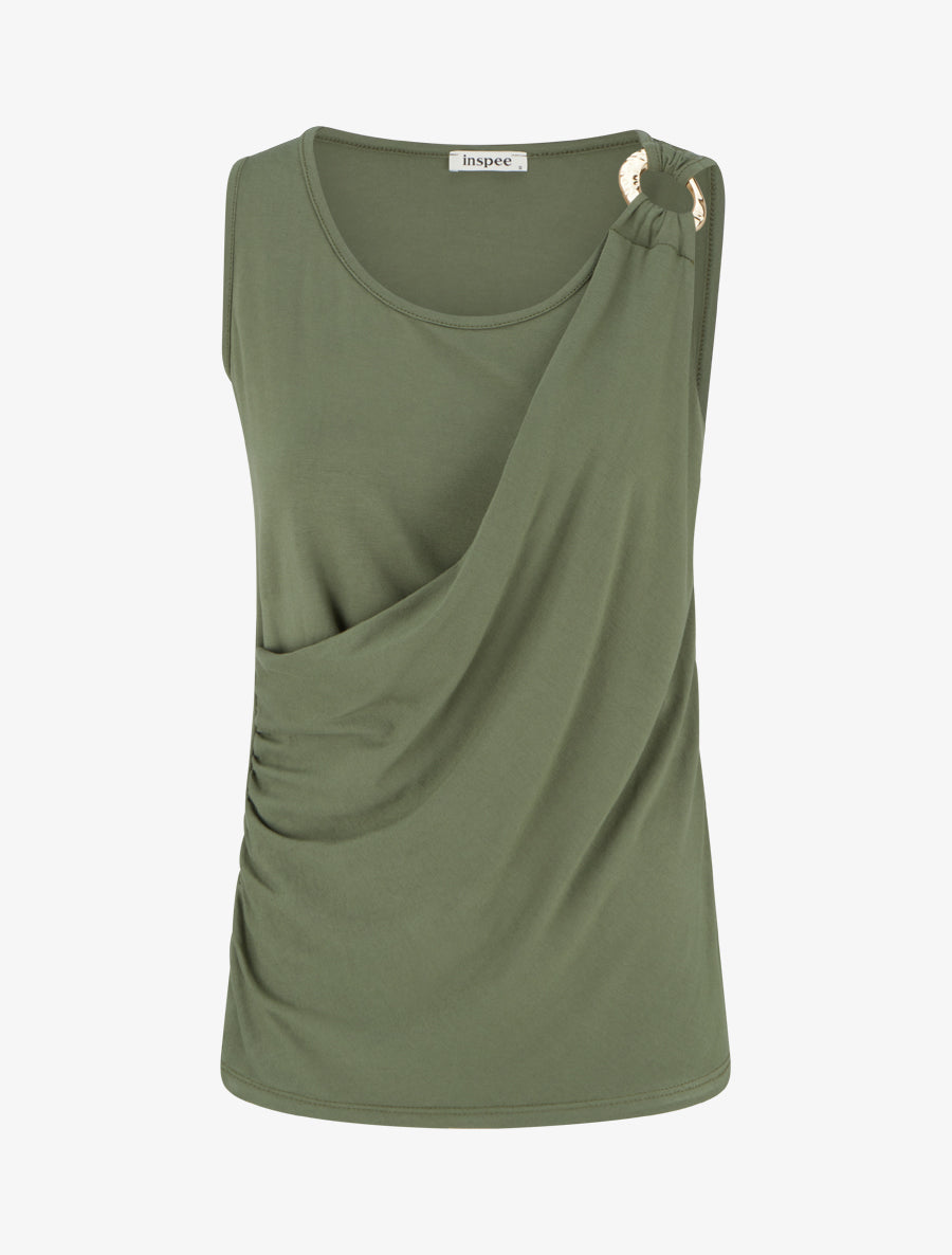 Top sans manches effet drapé à bretelle bijou - Kaki - 1